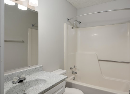 Bathroom With Light Grey Walls & Shower With Tub