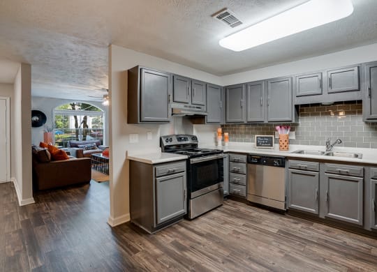 Kitchen Area Opening up to Living Room with Grey Hardwood Style Flooring
