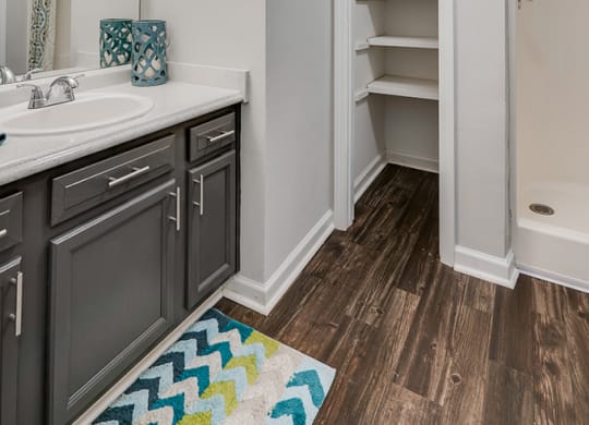 Spacious Bathroom with Built In Shelving and Large Vanity