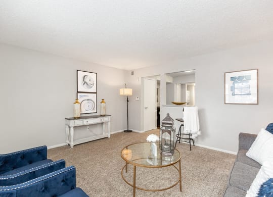 Spacious Living Room with Plush Carpet and Light Grey Walls