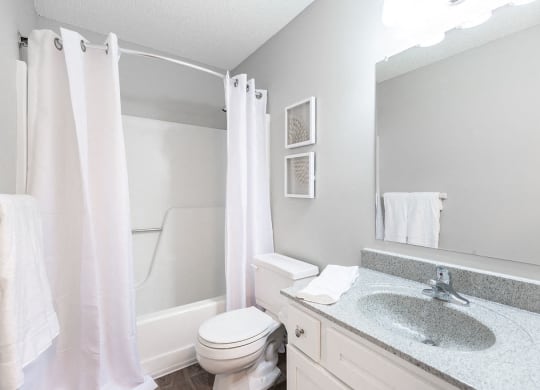 Renovated Bathroom with White Vanity and Grey Countertop