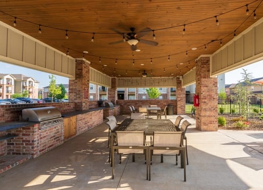 BBQ and Picnic Area with String Lights and Ceiling Fans