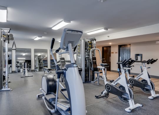 Fitness Center with Large Mirrors near the Free Weights