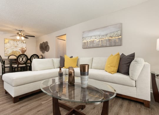Spacious Living Room with Hardwood Style Flooring and White Trim