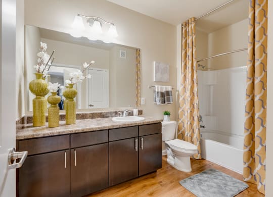 Bathroom With Large Espresso Vanity & Shower With Tub