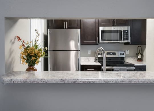 Kitchen with Peek Through with Granite Countertops and Stainless Steel Appliances