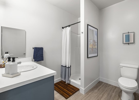 a bathroom with a shower and a sink and a toilet at SECOND AVE COMMONS | BRAND-NEW, Mesa, Arizona