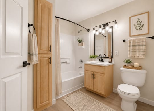 A bathroom with a toilet, sink, and mirror.