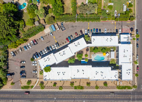 Aerial exterior parking at Arcadia Lofts in Phoenix AZ Nov 2020