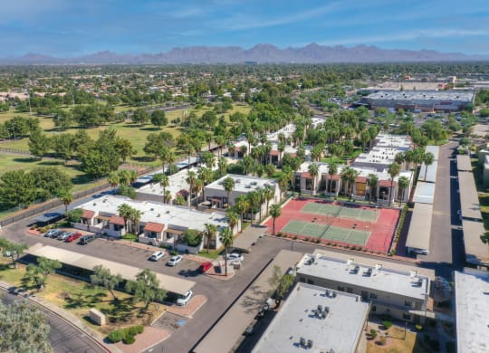 Aerial view at Townhomes on the Park Apartments in Phoenix AZ Nov 2020