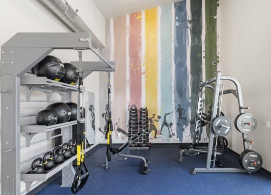 a workout room with weights and a colorful wall mural at SECOND AVE COMMONS | BRAND-NEW, Arizona