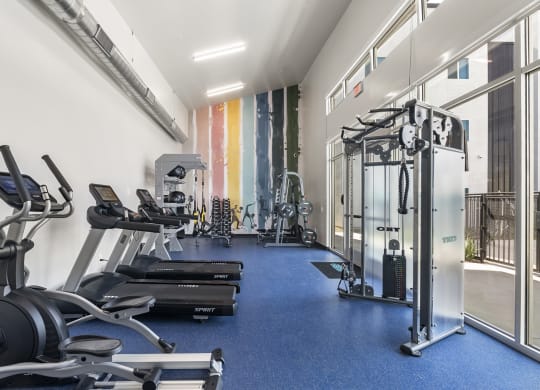 a gym with cardio machines and weights on a blue floor at SECOND AVE COMMONS | BRAND-NEW, Arizona