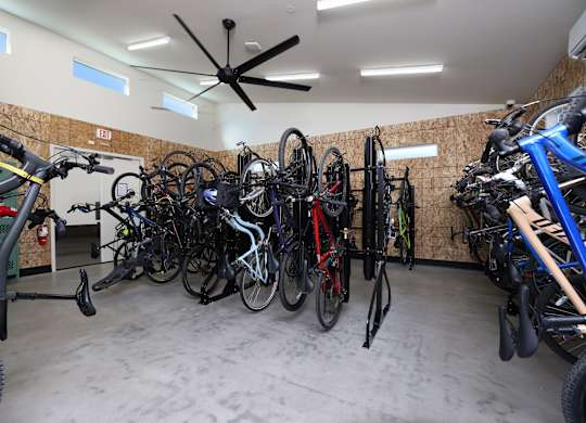A room full of bicycles and a ceiling fan.