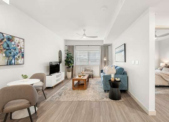 Livingroom and Bedroom in One Bedroom and One Bath at Lucero Apartment Homes in Phoenix Arizona
