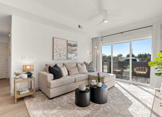Livingroom and Patio in Two Bedroom and Two Bath at Lucero Apartment Homes in Phoenix Arizona