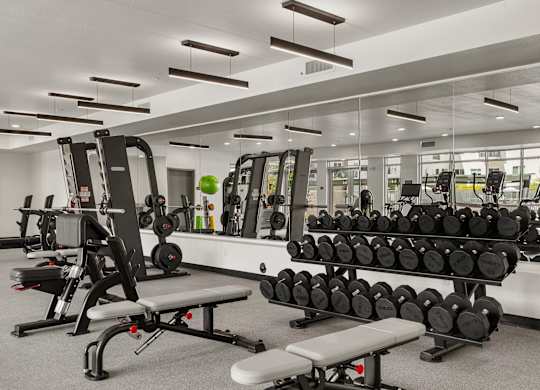 A gym with a variety of equipment including weights and benches.