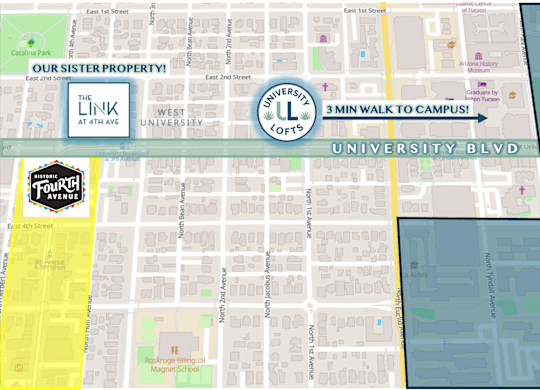 A map of a university area with a 3-minute walk to campus.