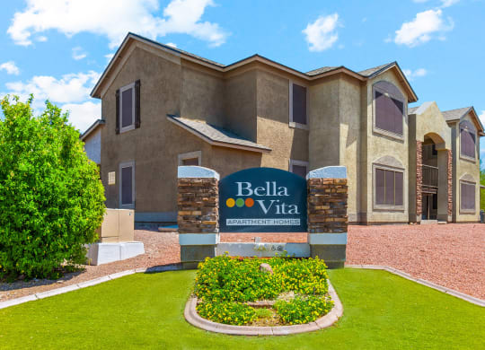 Monument sign at Bella Vita Apartments in Bullhead City Arizona Oct 2023