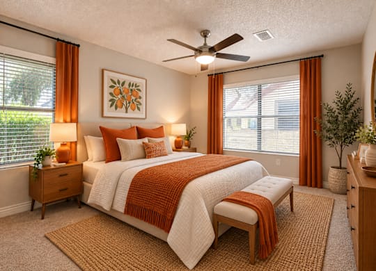 A bedroom with a bed, nightstands, and a ceiling fan.