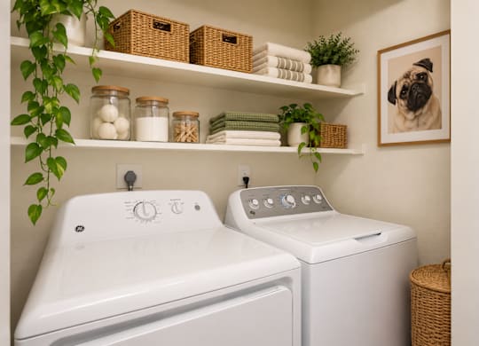 A laundry room with a washer and dryer, shelves with laundry supplies, and a potted plant.