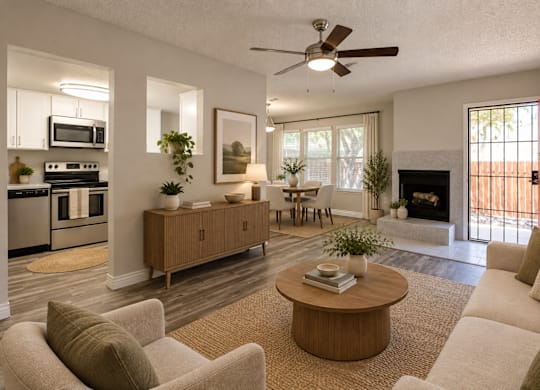 A living room with a fireplace and a dining table.