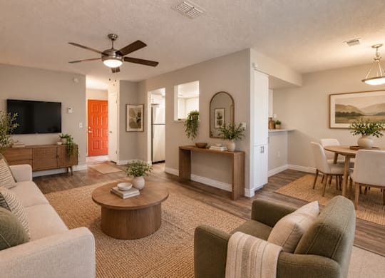 A living room with a grey couch, a coffee table, and a television.
