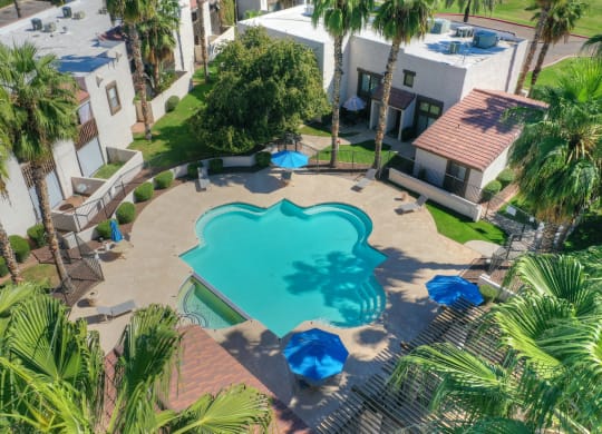 Pool aerial view at Townhomes on the Park Apartments in Phoenix AZ Nov 2020