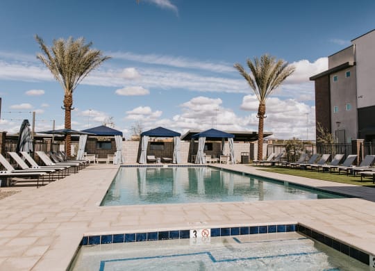 Pool and hot tub area at The Aster at Mountain Vista in Mesa Arizona