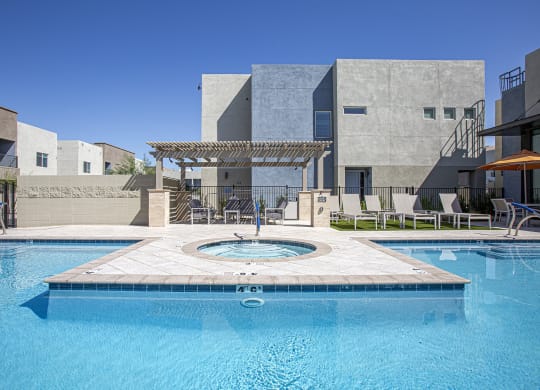 Pool and pool patio at Senderos at South Mountain in Phoenix AZ September 2020