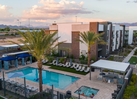 Pool Area with Daybeds at The Aster at Mountain Vista in Mesa Arizona