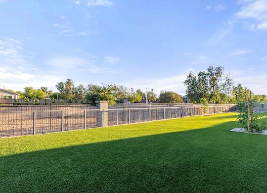 A green lawn with a fence and a tree in the distance.