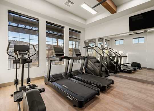 A gym with treadmills and exercise bikes.