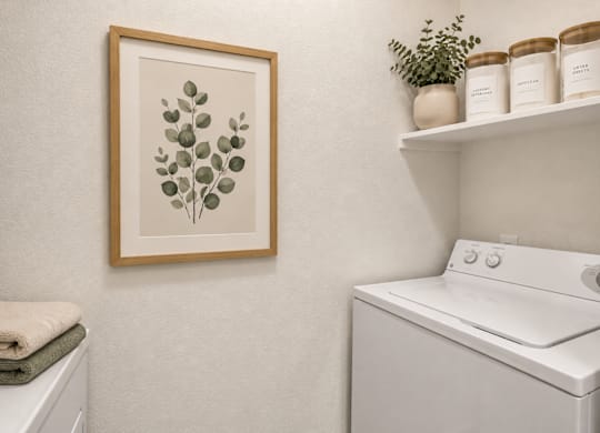 A picture of a plant is hanging on a wall above a washing machine.