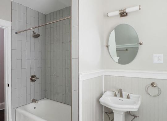 Bathroom sink and tub at The Packard, West Hartford, CT, 06119