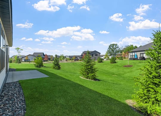 the view of a yard with houses in the background