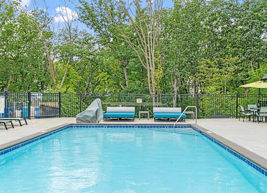 A swimming pool surrounded by trees and a fence.