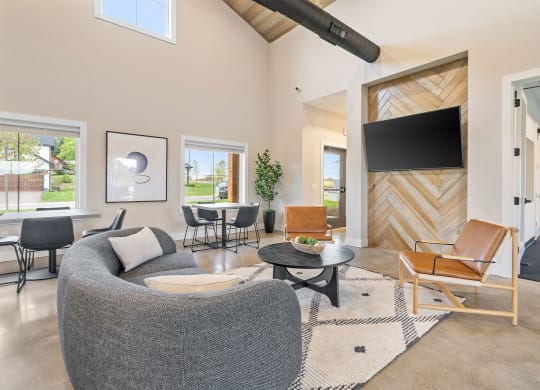 a living room with a couch and chairs and a tv