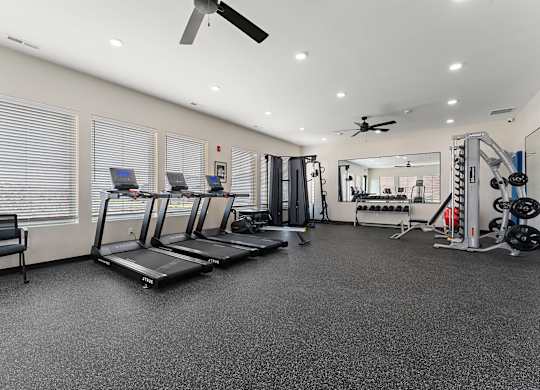A spacious gym with treadmills, weights, and a mirror.