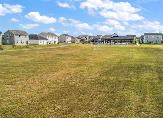 A soccer goal stands in a grassy field with houses in the background.