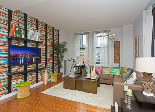 a living room with a couch and a tv