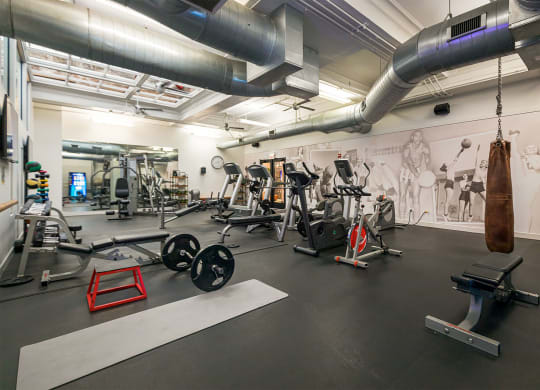 a gym with weights and exercise equipment and a wall with a mural of a gym