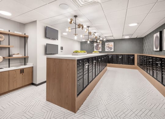 a communal area in a locker room with a row of lockers