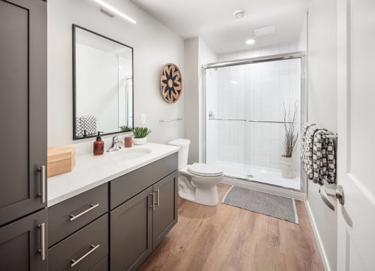 a bathroom with a shower and a sink and a toilet