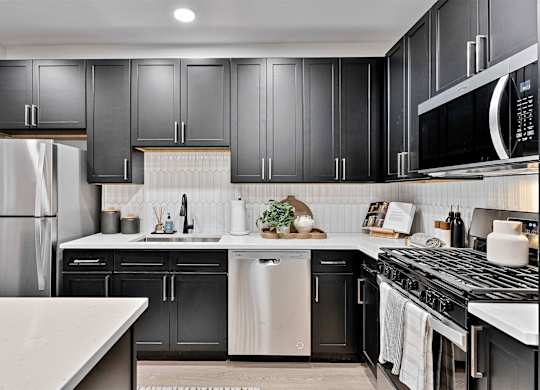 A modern kitchen with black cabinets and stainless steel appliances.