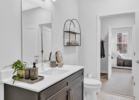 A bathroom with a white sink and a mirror above it.