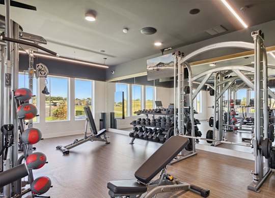 A well-equipped gym with a variety of exercise machines and weights.