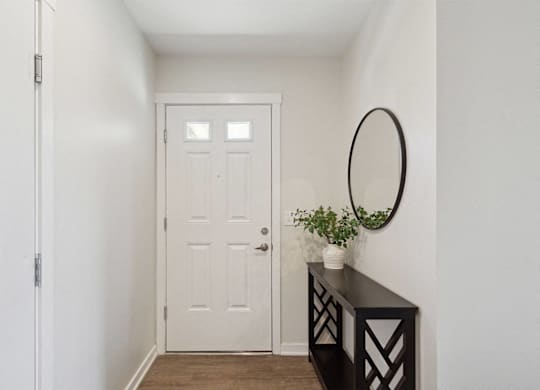 A white door is in a hallway with a black console table and a plant on it.