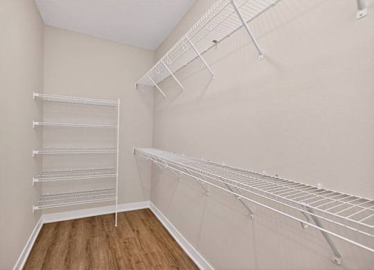 Empty walk-in closet with shelves and a wooden floor.