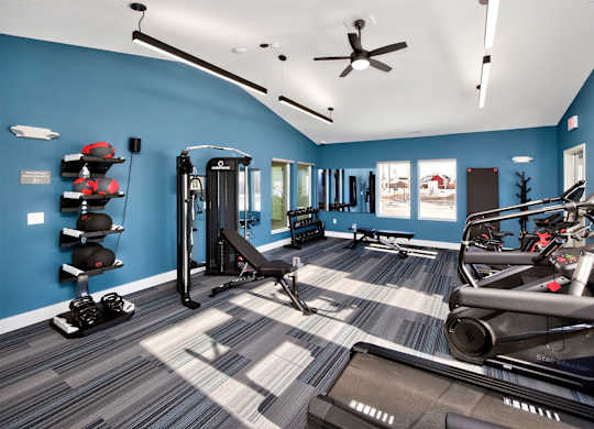 A gym with a blue wall and a treadmill.
