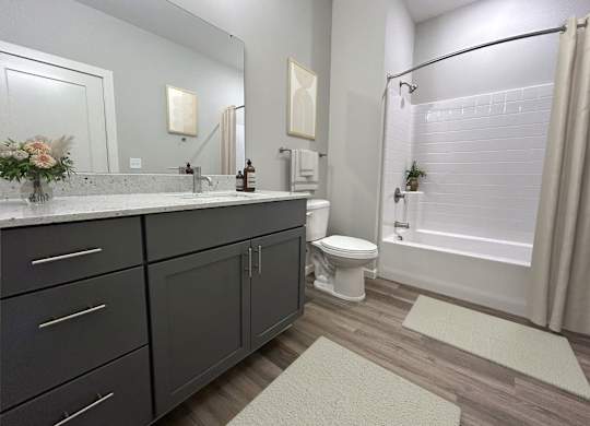 A bathroom with a toilet, sink, and mirror.